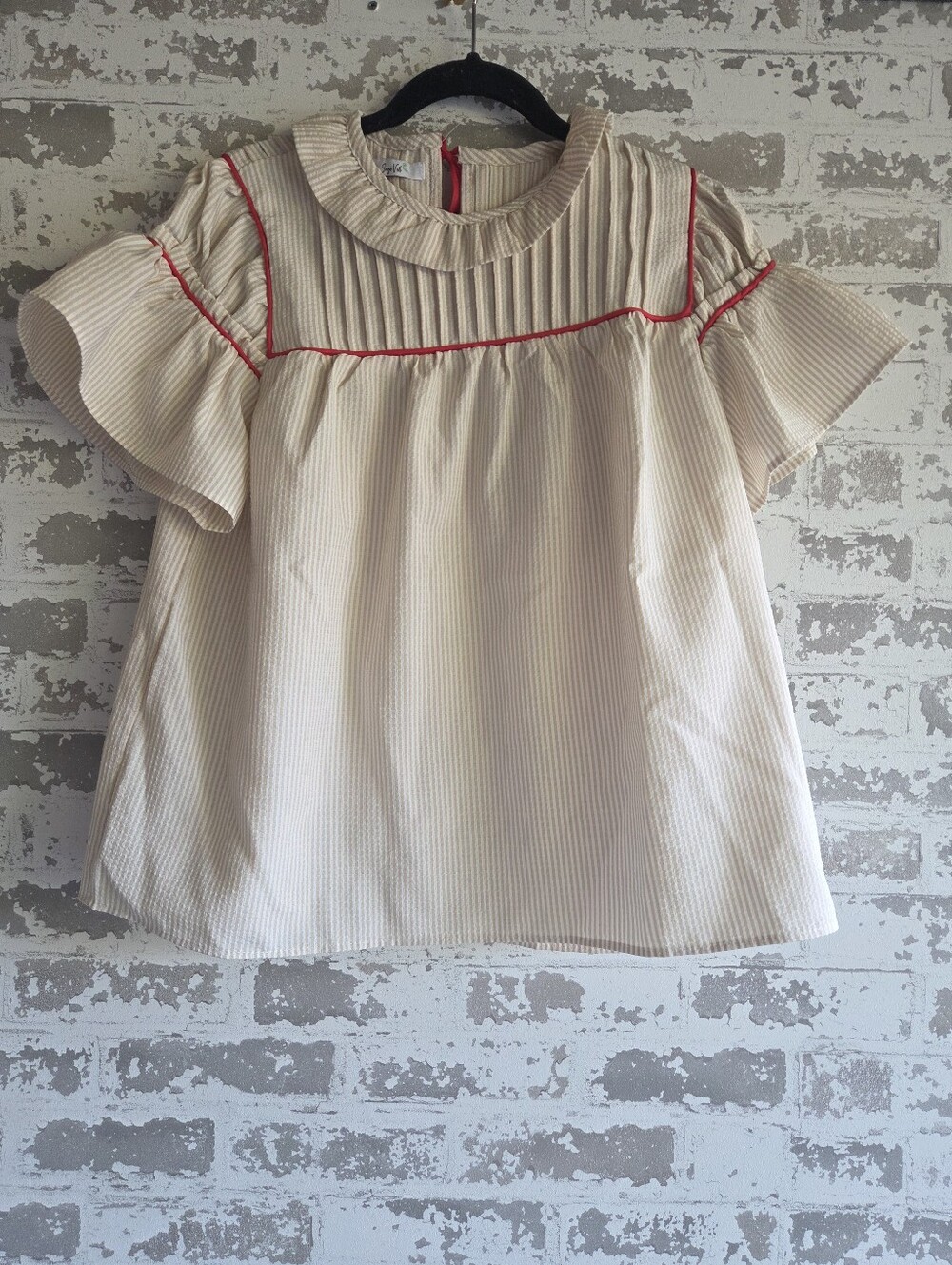 Sage Veil Seersucker Ruffle Blouse Tan Red Trim Cottagecore Boho